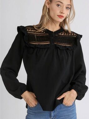 Umgee Black Lace Yoke Ruffle Blouse